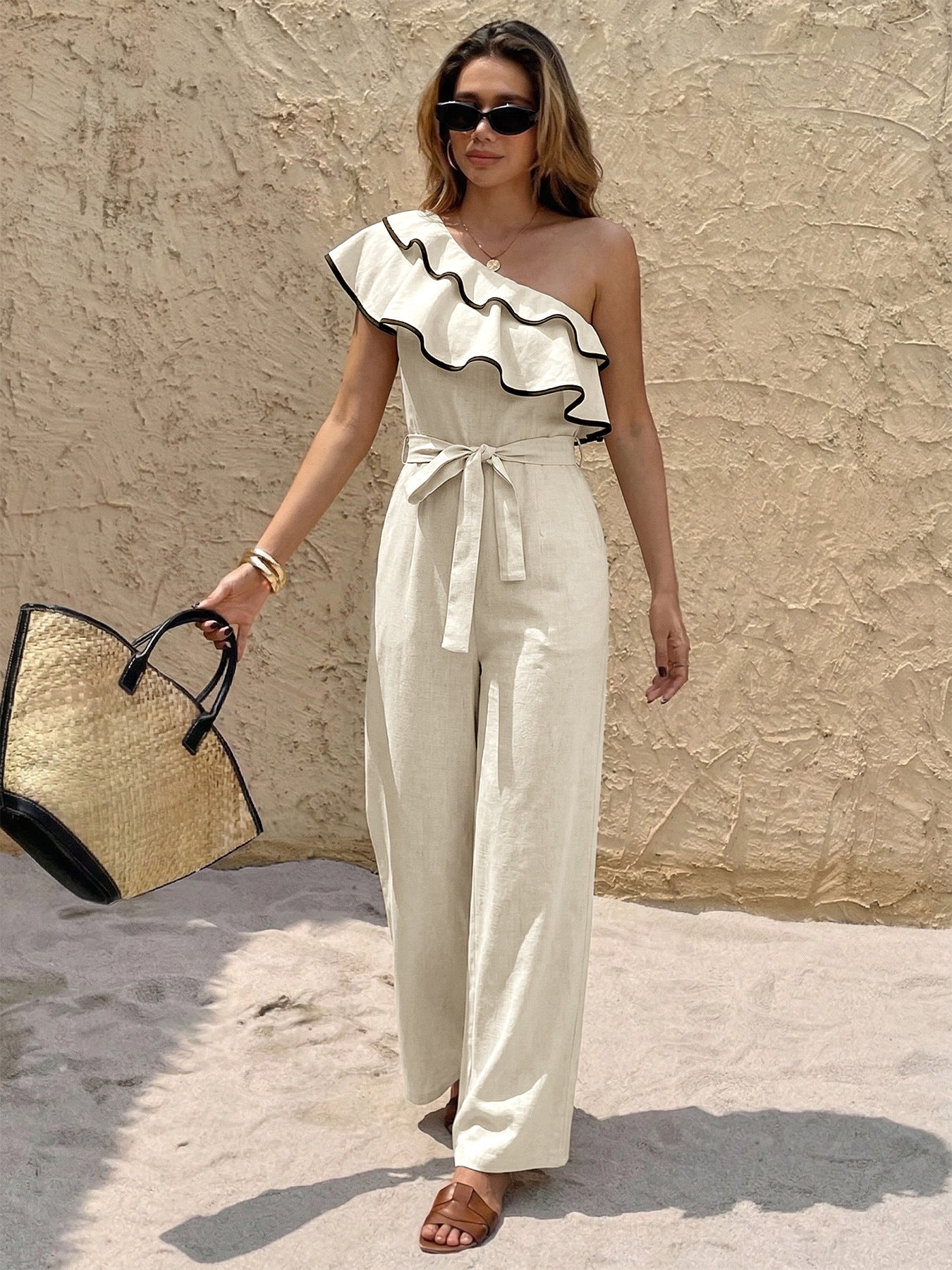 Women One Shoulder Ruffle Jumpsuit Wide Leg High Waist Tie Waist