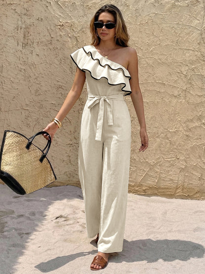 Women One Shoulder Ruffle Jumpsuit Wide Leg High Waist Tie Waist