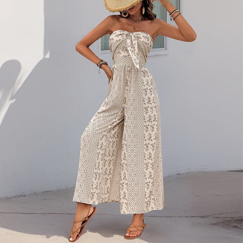 Boho Strapless Printed Wide Leg Jumpsuit Resort Romper