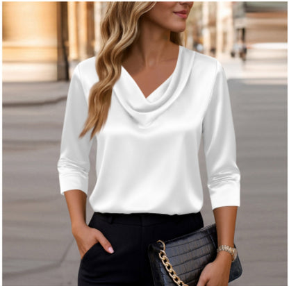 Women's Satin Cowl Neck Blouse 3/4 Sleeve Top
