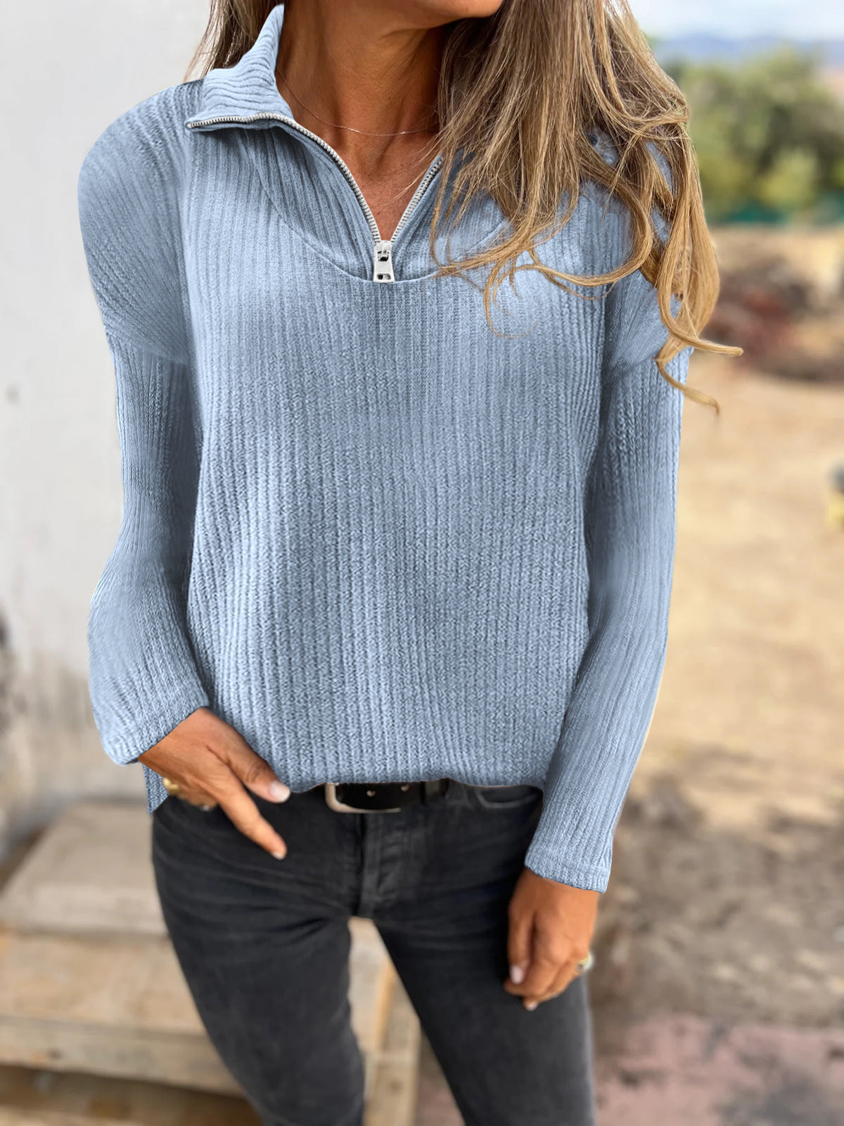 Women's Ribbed Quarter Zip Pullover Sweater Long Sleeve