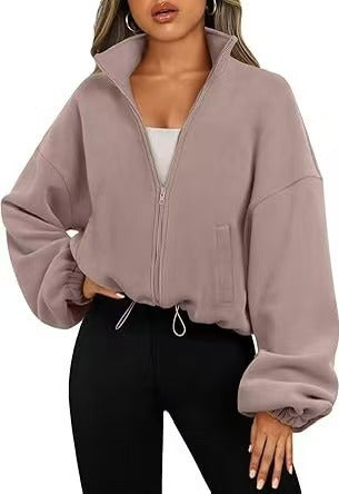 Women's Oversized Fleece Zip Up Jacket Stand Collar