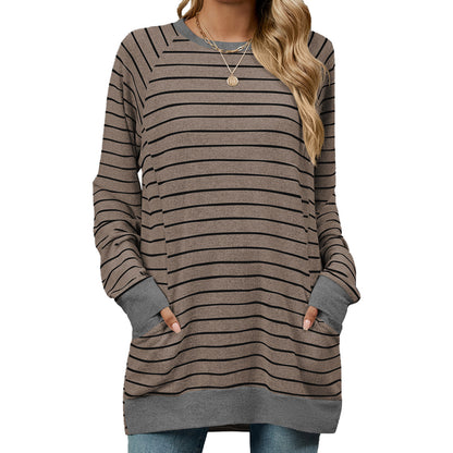 Women's Striped Color Block Long Sleeve Pocket Tunic
