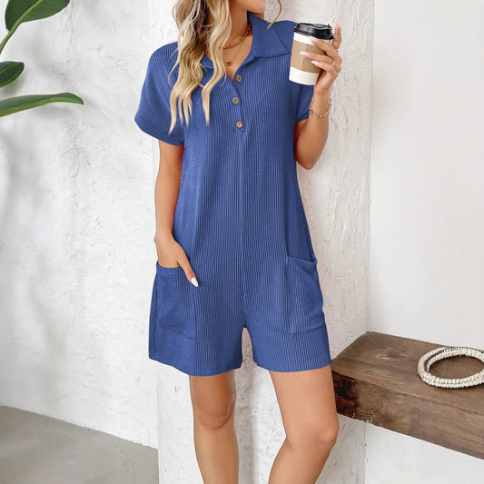 Lapel Button Loose Pocket Short Sleeve Jumpsuit