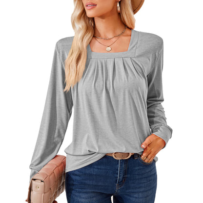 Women's Square Neck Pleated Long Sleeve Loose Casual Top