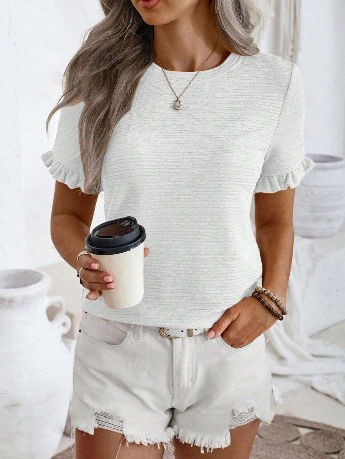 Women’s Ruffle Sleeve Textured Round Neck Casual Top