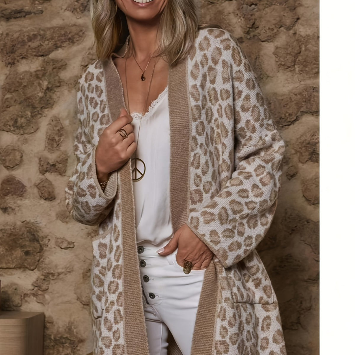 Women's Leopard Print Long Cardigan Open Front Pockets