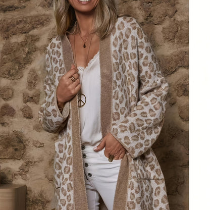 Women's Leopard Print Long Cardigan Open Front Pockets