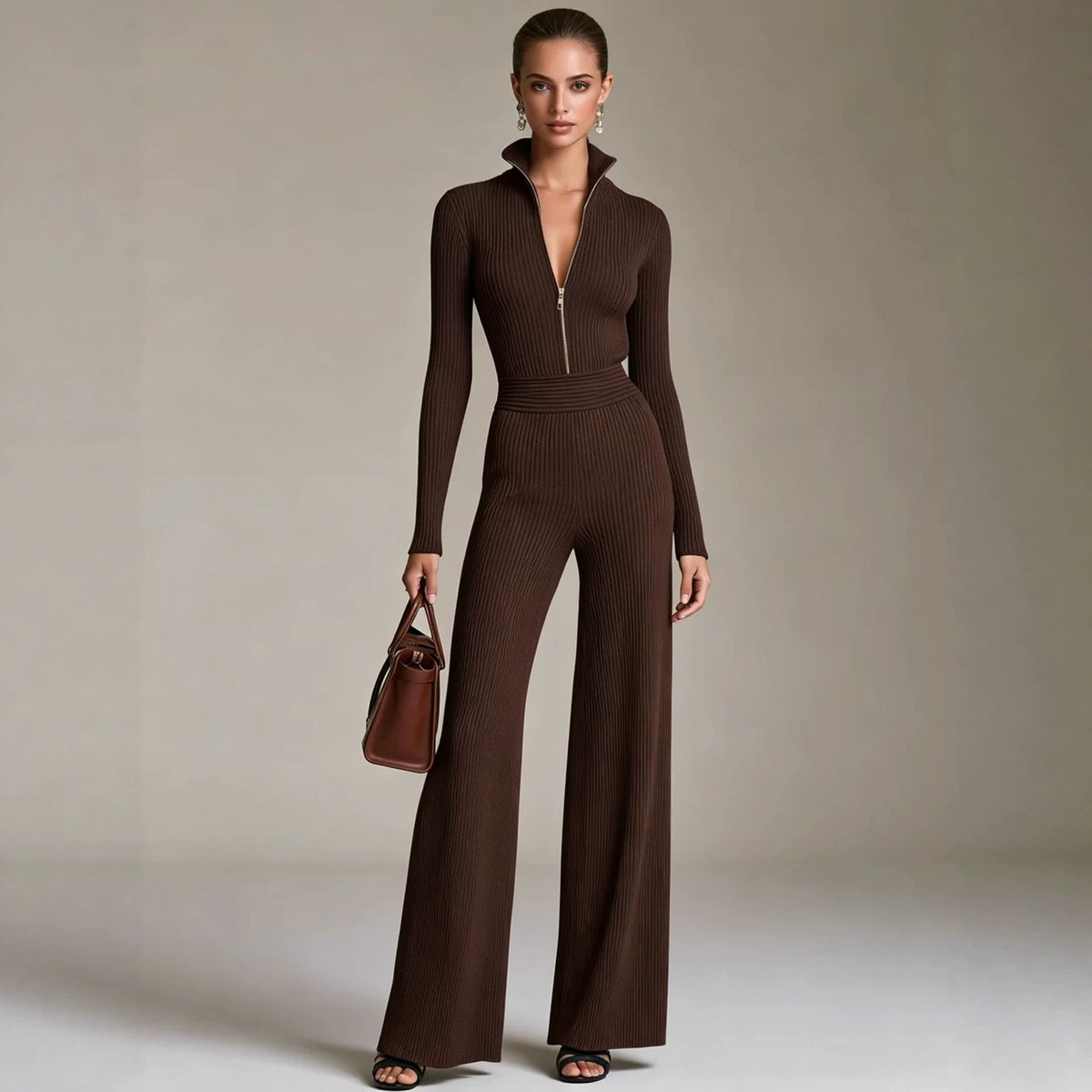 Women's Ribbed Knit Half Zip Wide Leg Jumpsuit