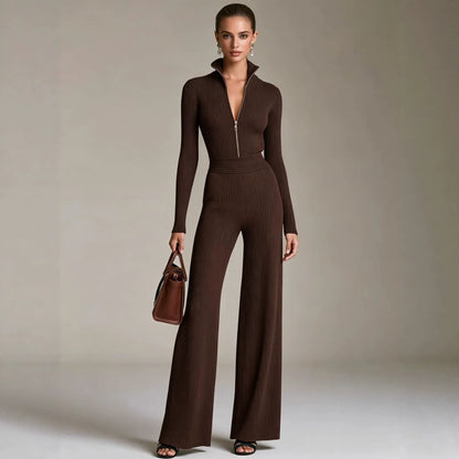 Women's Ribbed Knit Half Zip Wide Leg Jumpsuit