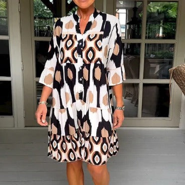 Women's Boho Geometric Tiered Midi Dress 3/4 Sleeve