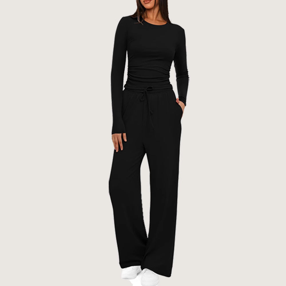 Women's Ruched Long Sleeve Top Wide Leg Pants Lounge Set
