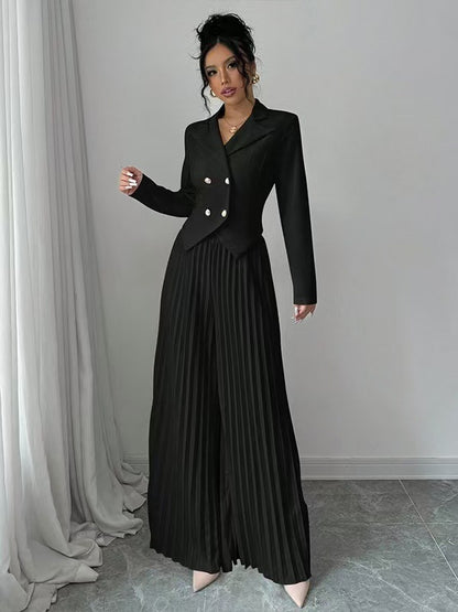Women's 2 Piece Blazer Set Pleated Wide Leg Pants