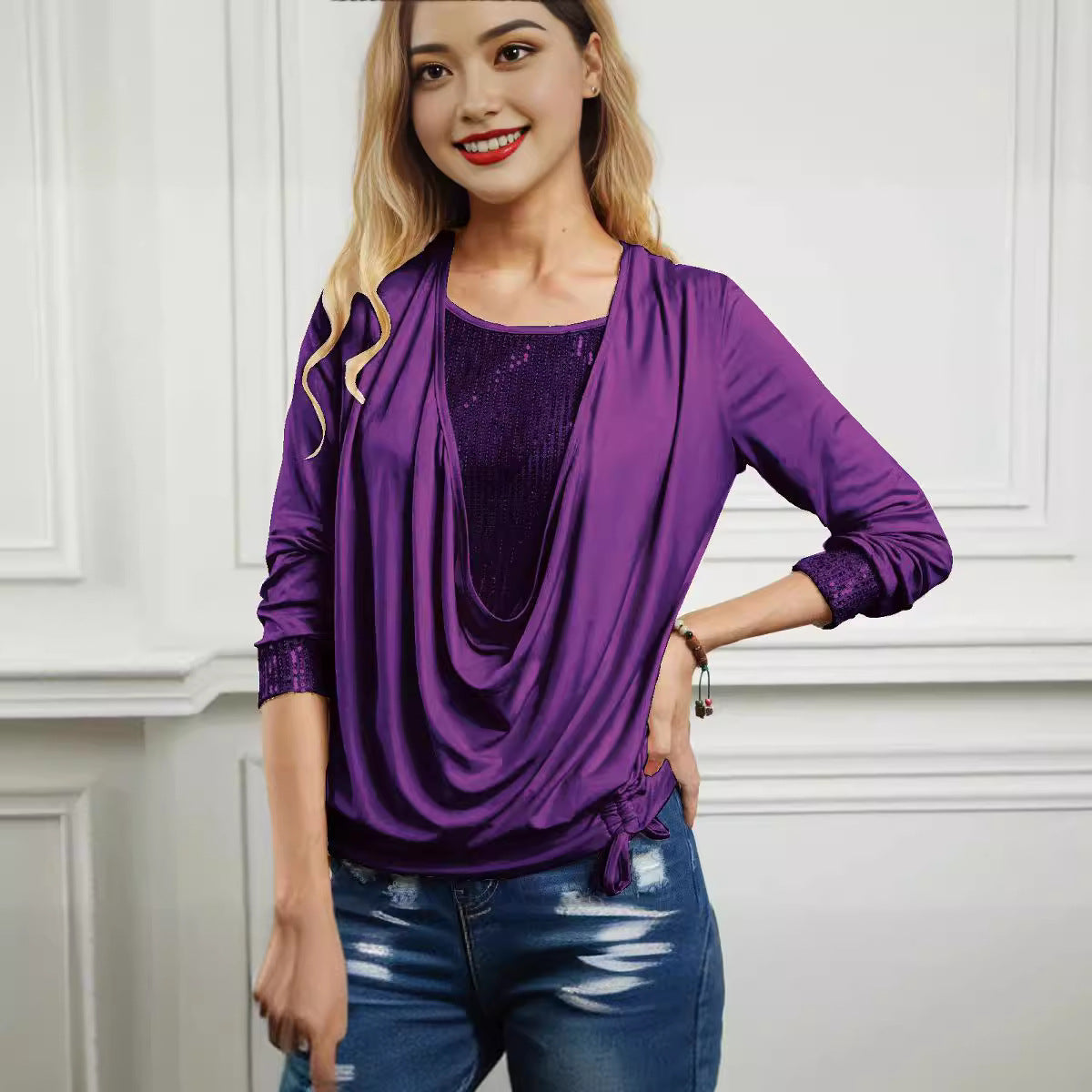 Sequin Draped Neck Layered Long Sleeve Top Loose Fit
