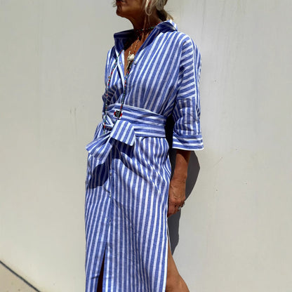 Striped Button Down Shirt Dress Half Sleeve Midi Tie Waist
