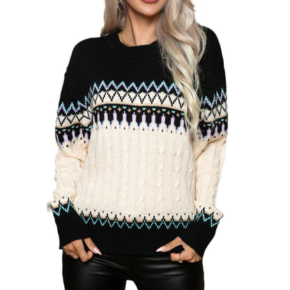 Women's Cable Knit Fair Isle Pullover Sweater