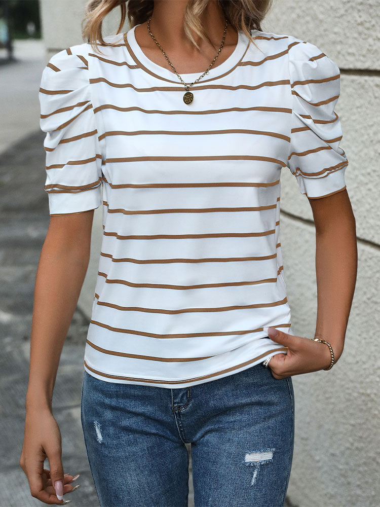 Women's Striped Puff Sleeve Crew Neck Casual Top