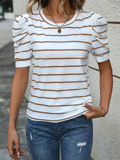 Women's Striped Puff Sleeve Crew Neck Casual Top
