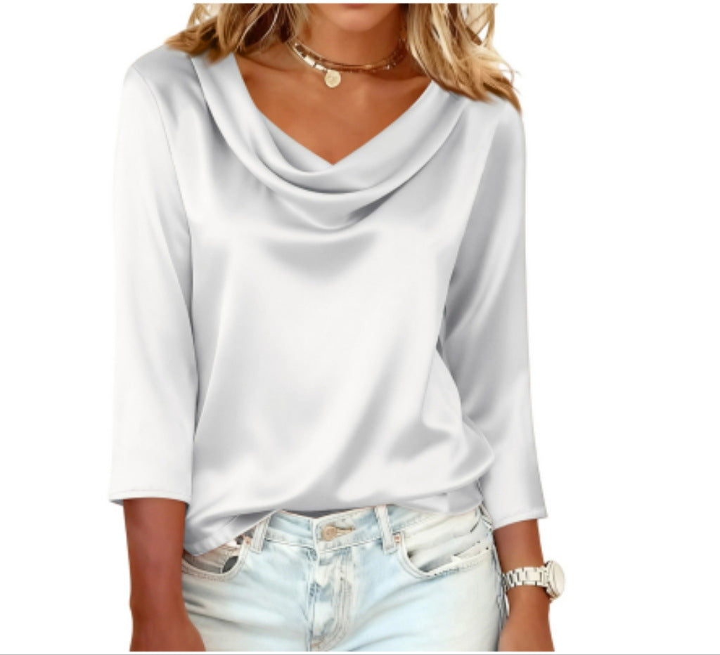 Women's Satin Cowl Neck Blouse 3/4 Sleeve Top