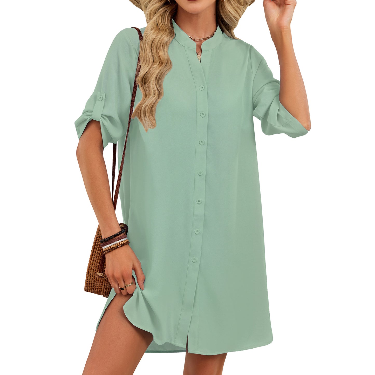 V Neck Button Down Shirt Dress Midi Casual Summer Dress