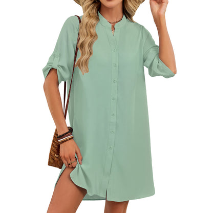 V Neck Button Down Shirt Dress Midi Casual Summer Dress