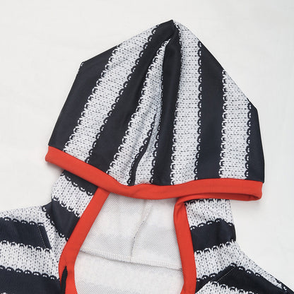 Women's Black and White Striped Pullover Hooded Casual Versatile Sweater