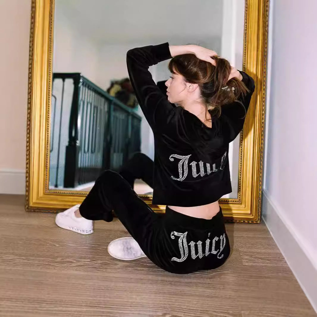 Y2K Rhinestone Velour Tracksuit 2 Piece Matching Set