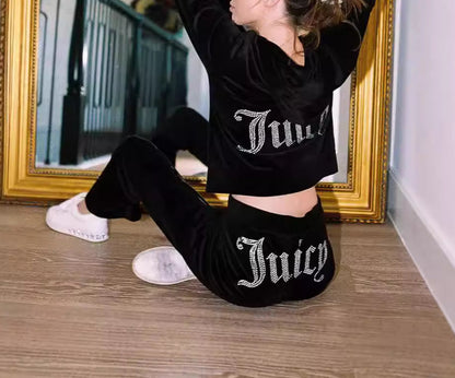 Y2K Rhinestone Velour Tracksuit 2 Piece Matching Set