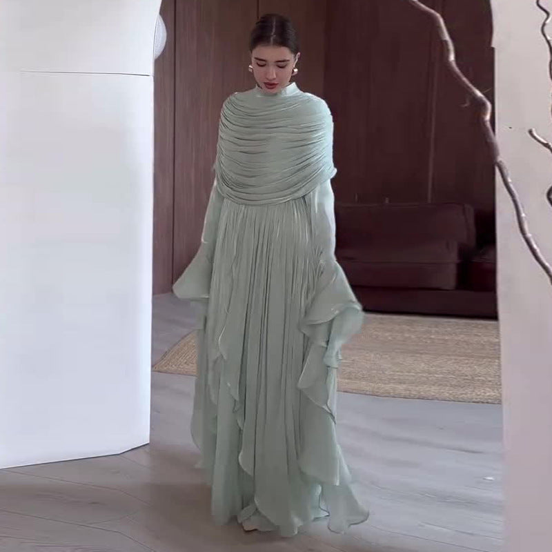 Women's Elegant Pleated Long Sleeve Maxi Dress