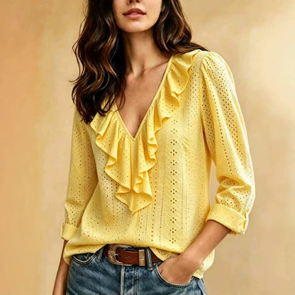 Women's Ruffle V Neck Eyelet Long Sleeve Blouse Top