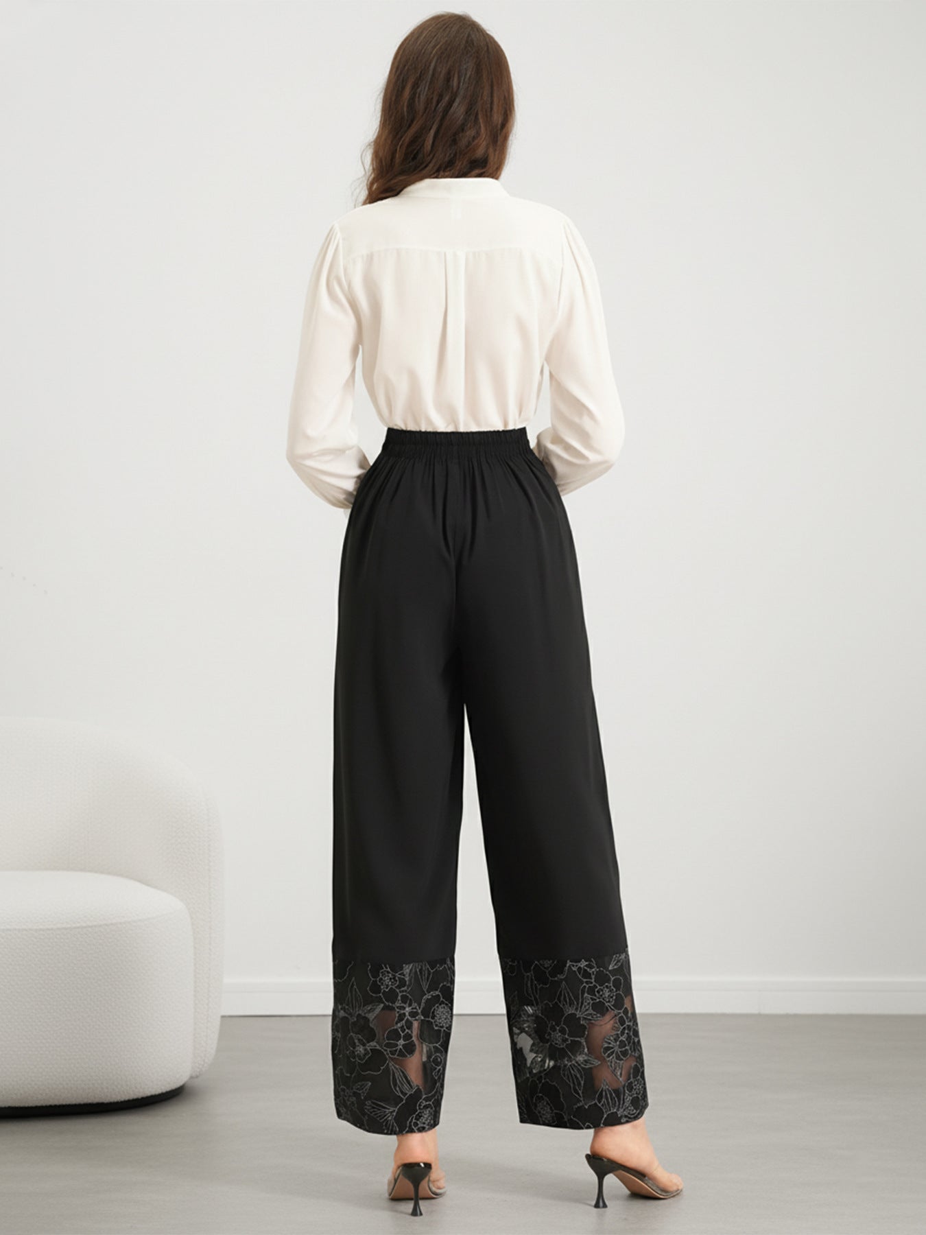 Women's Lace Hem Wide Leg Pants Black Casual Trousers