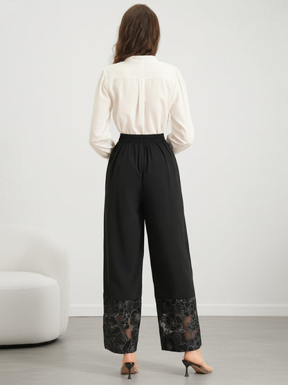 Women's Lace Hem Wide Leg Pants Black Casual Trousers
