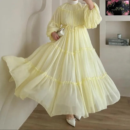 Long Puff Sleeve Tiered Maxi Dress Tie Waist