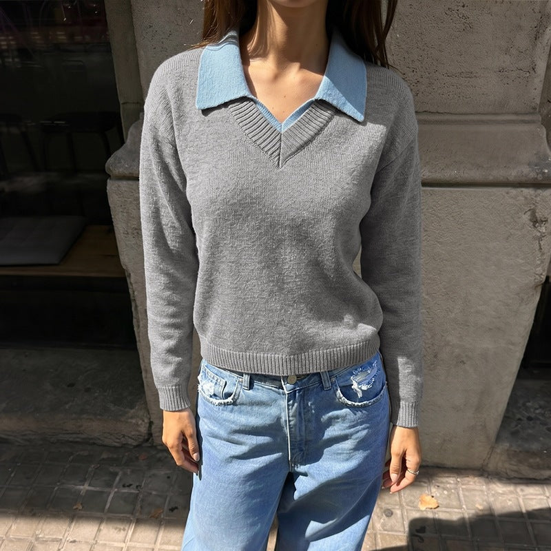 Women's Layered Collar Knit Sweater Casual Pullover