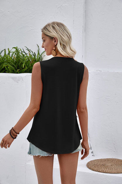 White Lace Yoke Sleeveless Pleated Loose Fit Tank Top