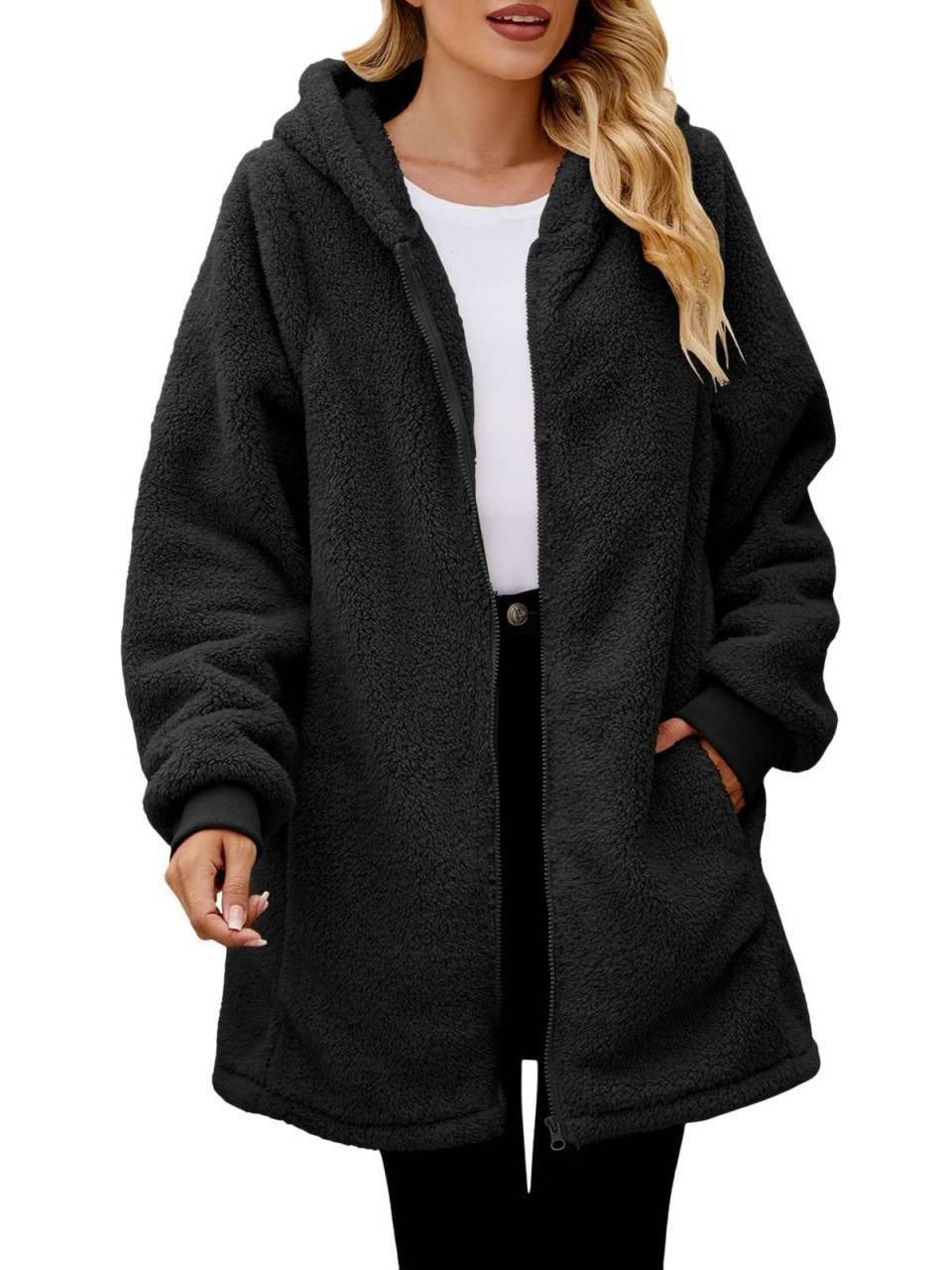 Women's Oversized Sherpa Fleece Zip Up Hooded Jacket
