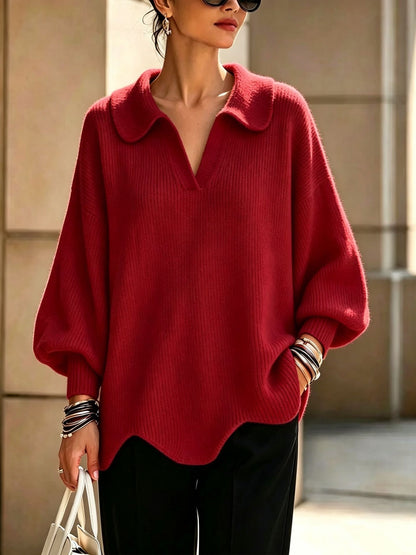 Women's Oversized Collared V-Neck Balloon Sleeve Sweater