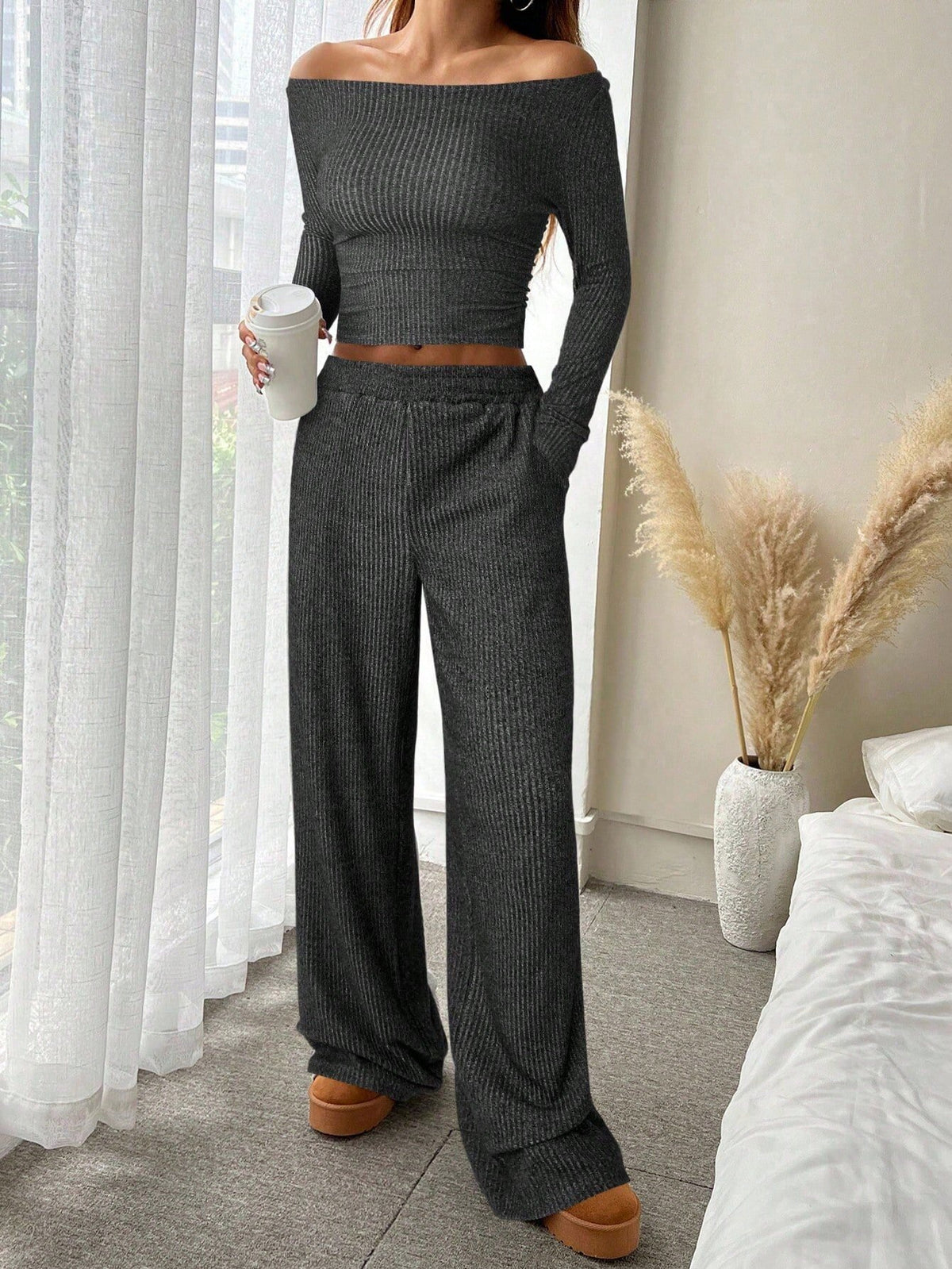 Women's Ribbed Knit Boat Neck Top Wide Leg Pants Set