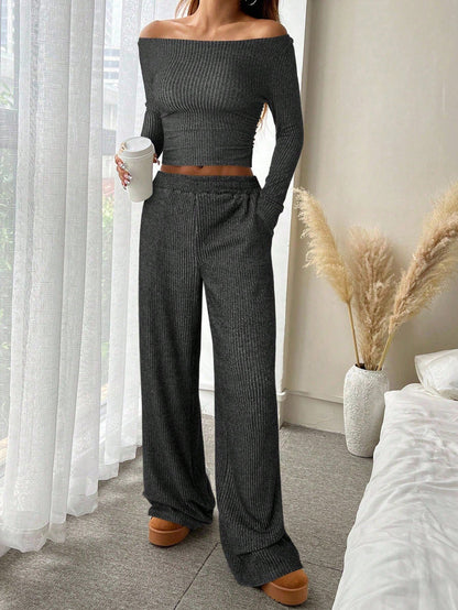Women's Ribbed Knit Boat Neck Top Wide Leg Pants Set