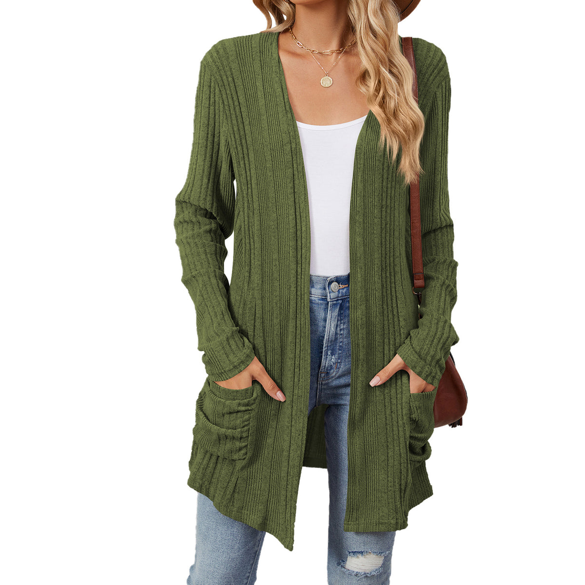 Women's Long Sleeve Ribbed Open Front Cardigan Pockets