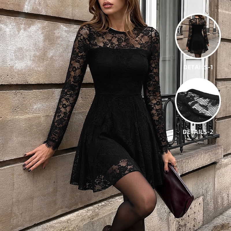 Women's Black Lace Long Sleeve A-Line Mini Party Dress