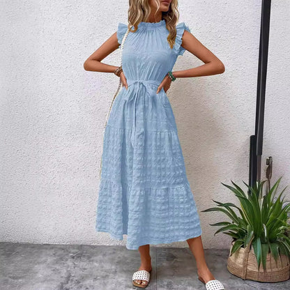 Lace-Up Textured Dress with Ruffled Sleeves
