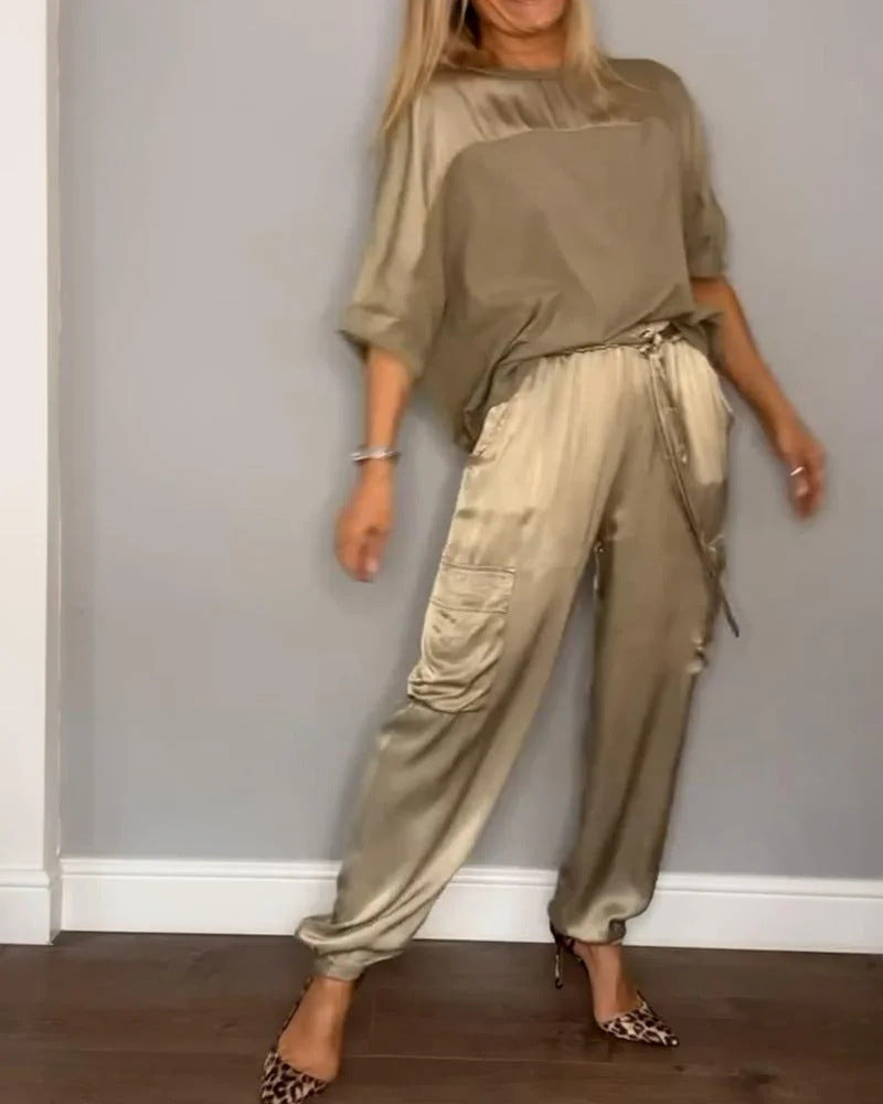 Women's Satin Cargo Joggers Half Sleeve Two Piece Set