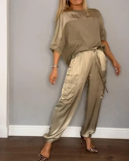 Women's Satin Cargo Joggers Half Sleeve Two Piece Set