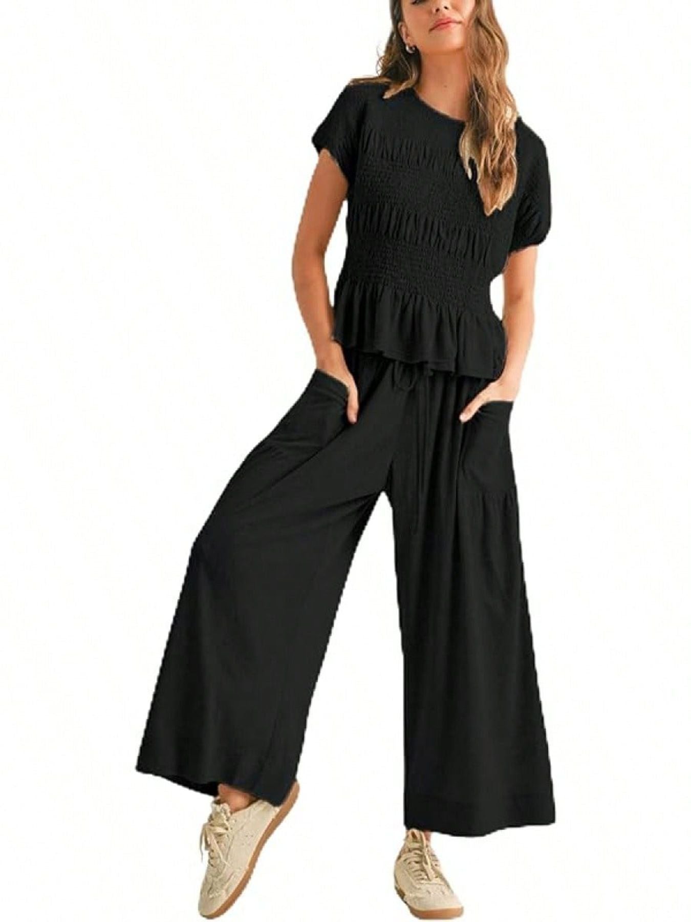 Summer Women’s Two-Piece Smocked Top with Wide-Leg Pants Casual Set