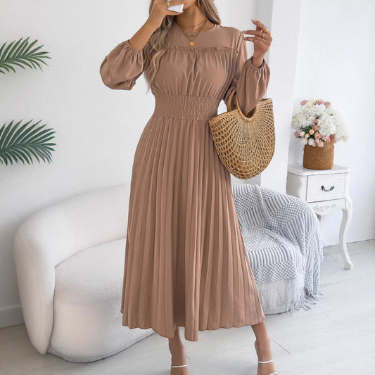 Pleated Maxi Dress Smocked Waist Long Sleeve Midi Dress