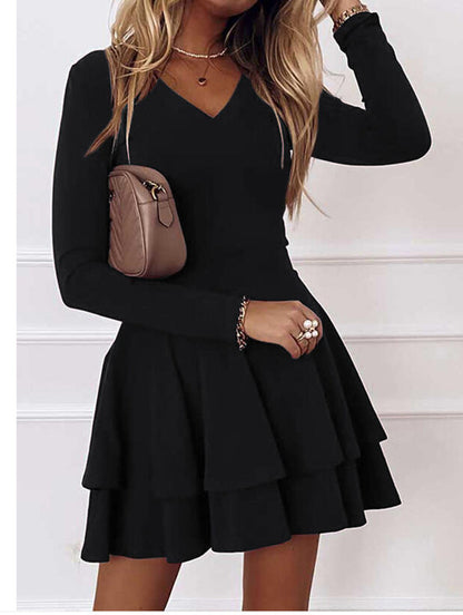Women's V Neck Long Sleeve Knit Tiered Mini Dress