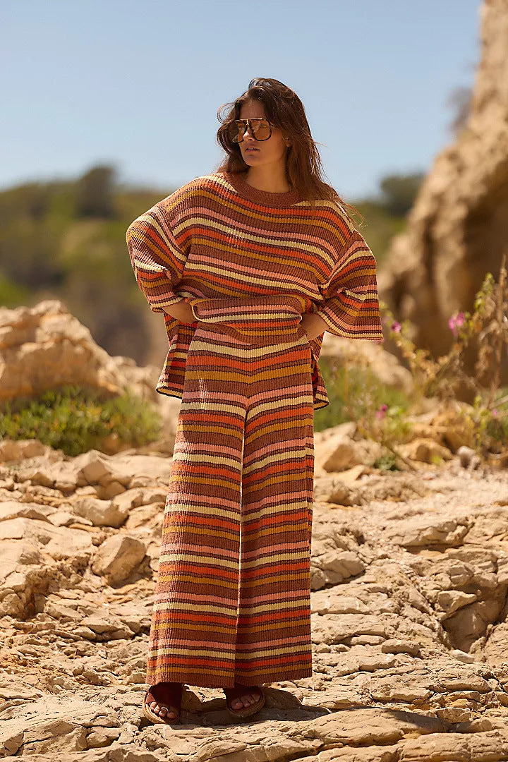 Boho Striped Knit Two Piece Set Wide Leg Pants