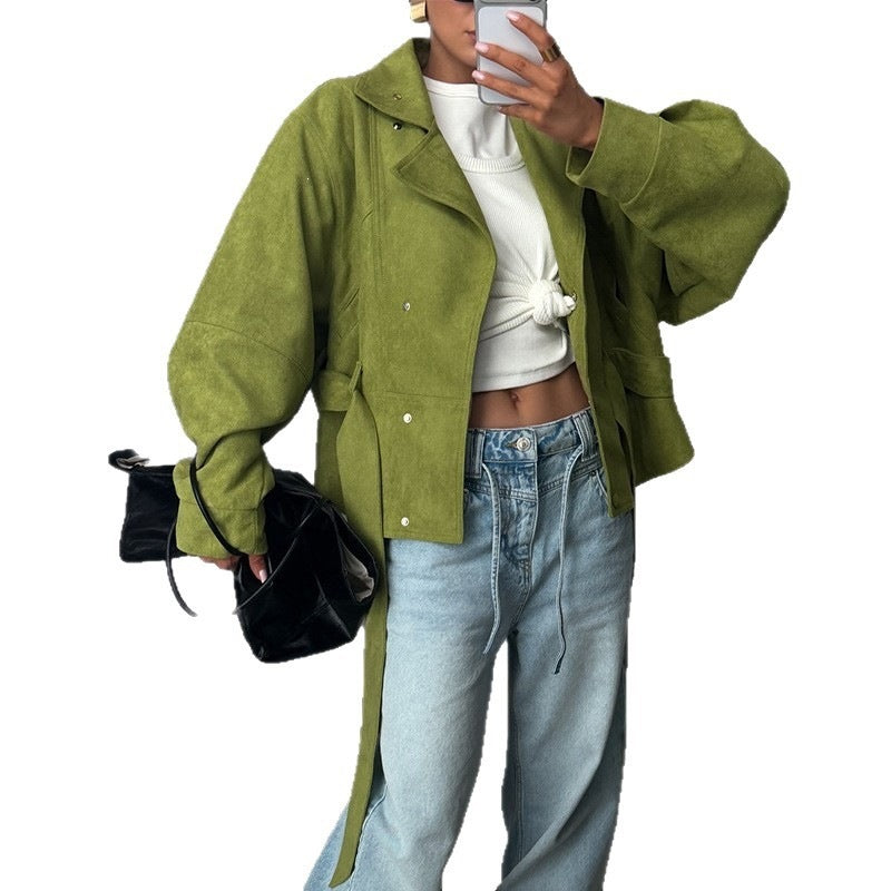 Women's Belted Cropped Jacket Stand Collar Trench Coat