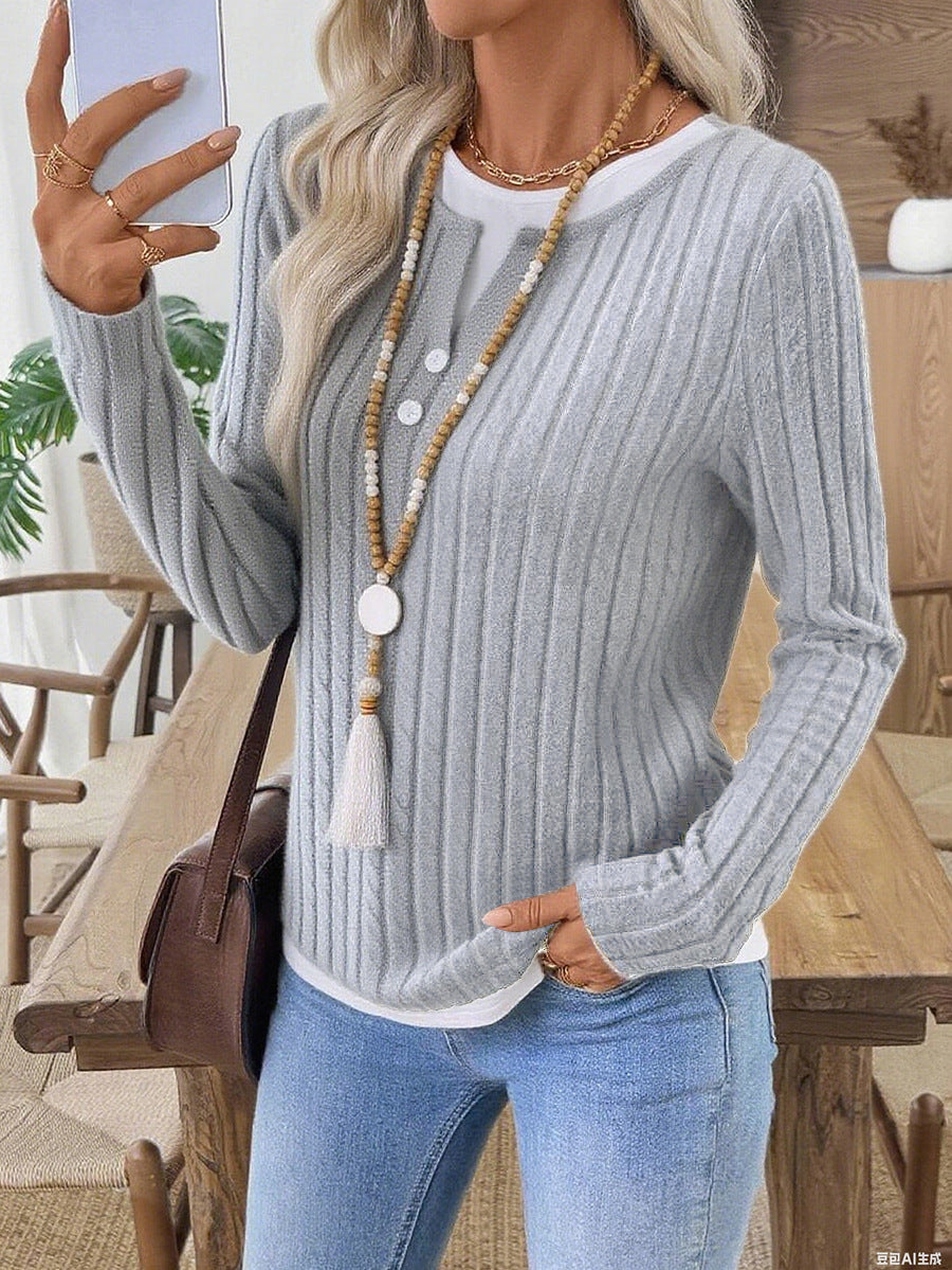 Ribbed Faux Layered Henley Long Sleeve Casual Top
